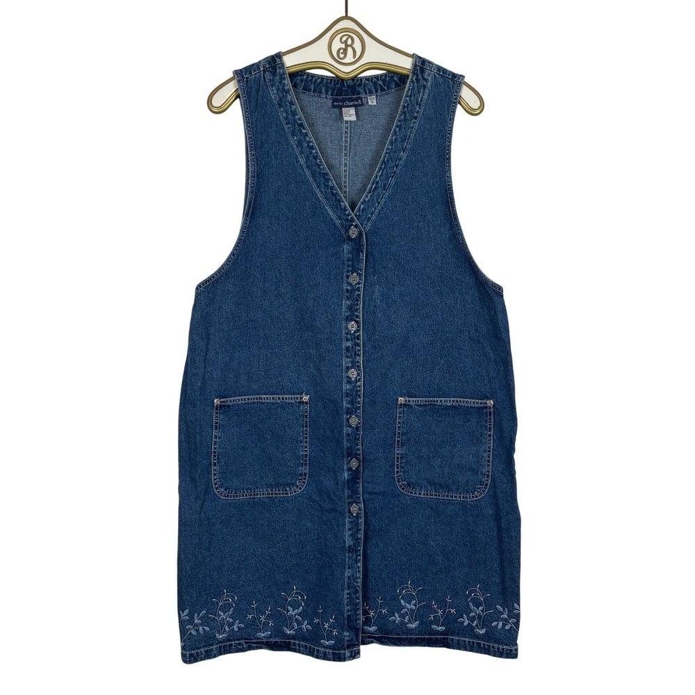 Vintage Denim Jumper Mini Dress Floral Embroidered Cotton Boho Casual Plus 1X